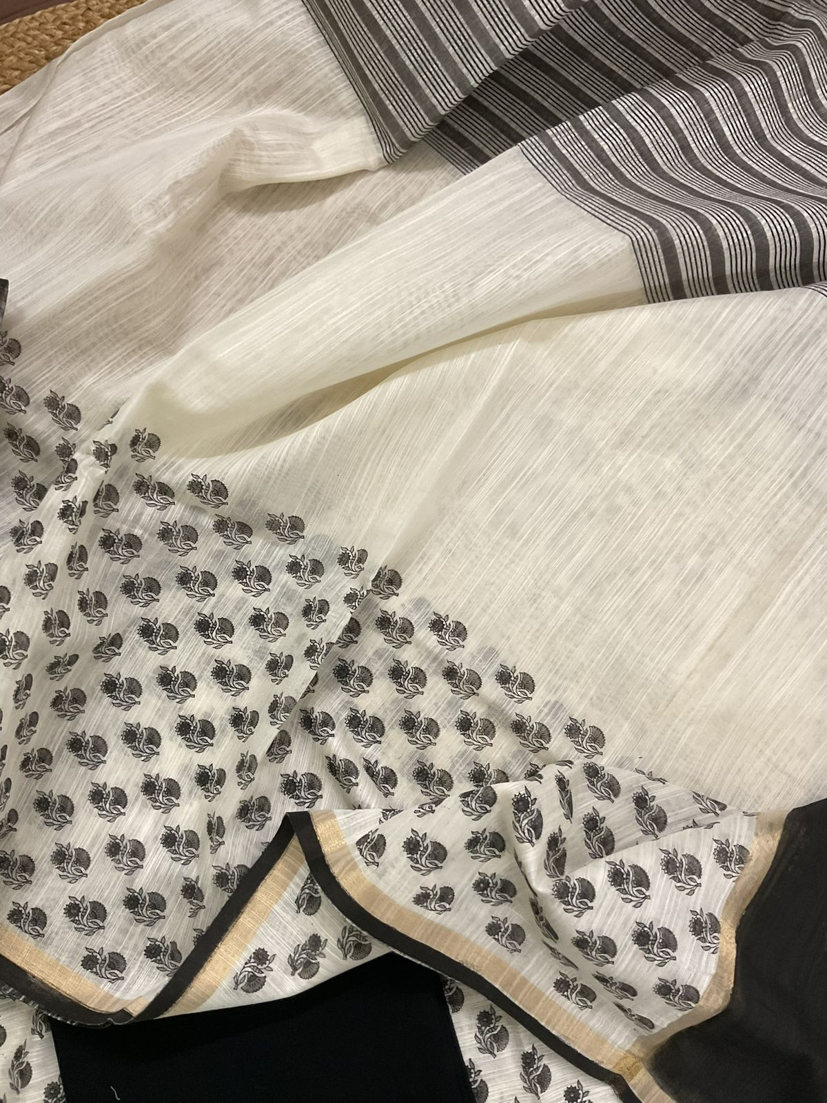Soft Slub Chanderi Block Printed Embroidered Suit - Off White