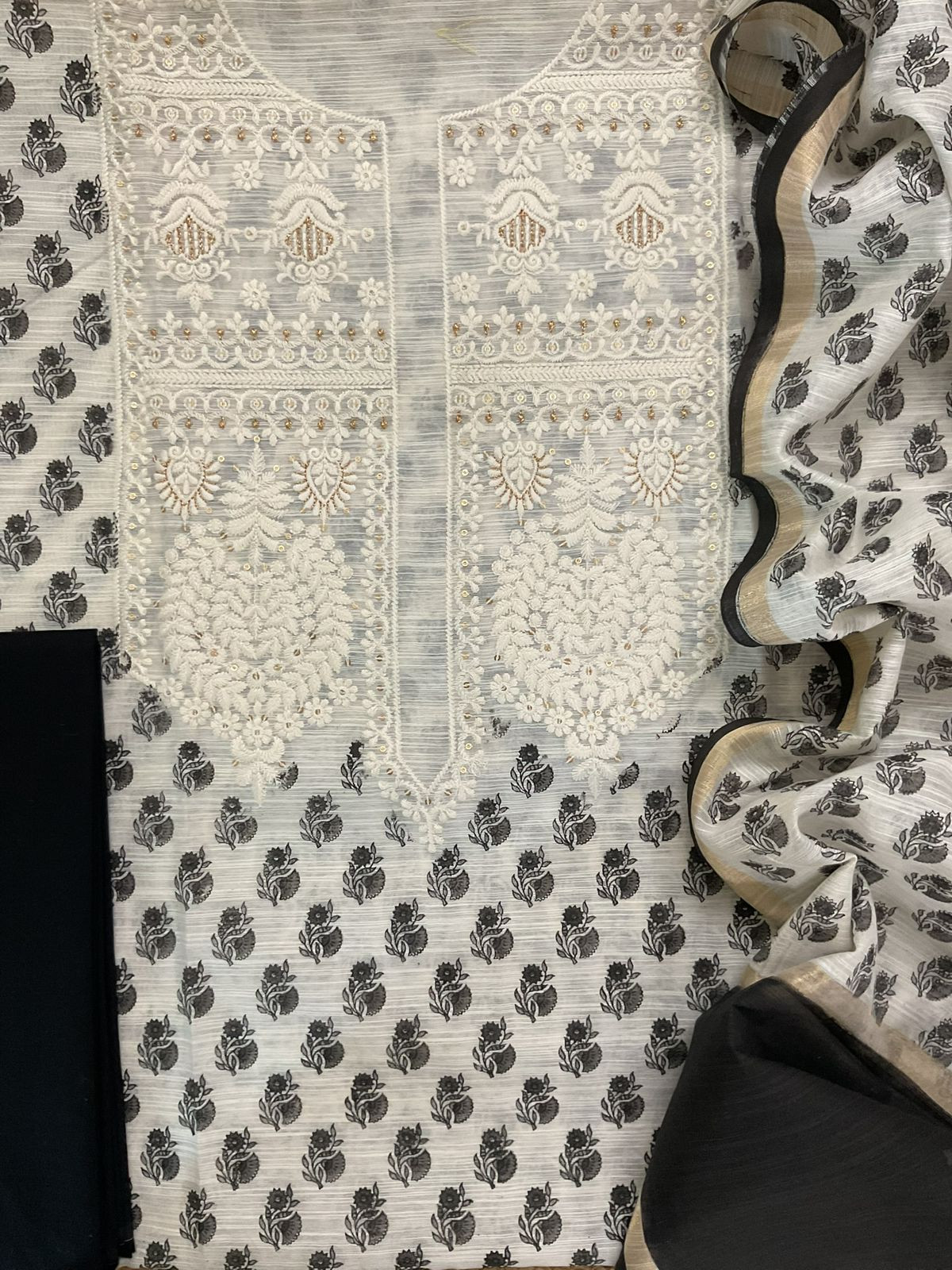 Soft Slub Chanderi Block Printed Embroidered Suit - Off White