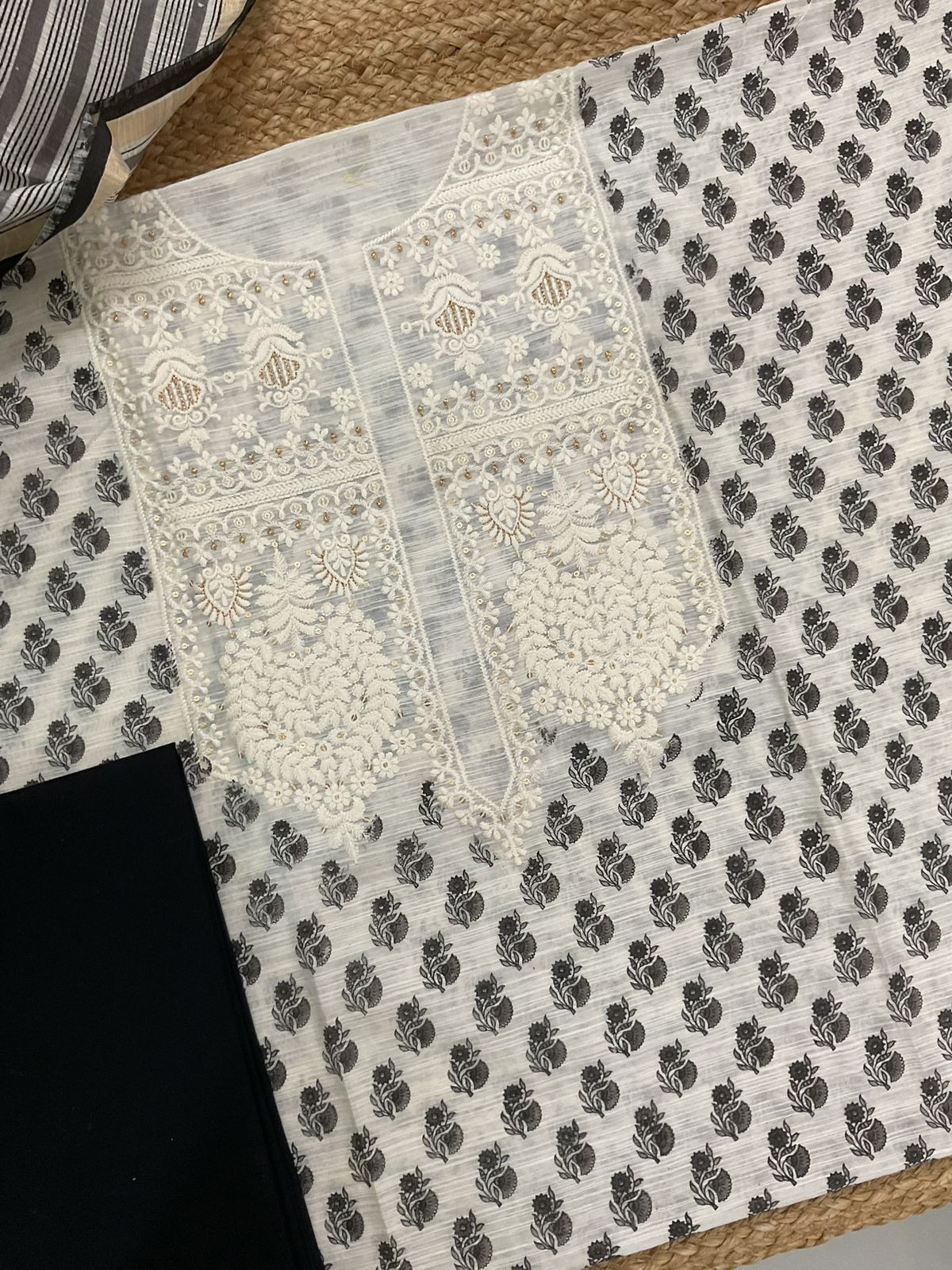 Soft Slub Chanderi Block Printed Embroidered Suit - Off White