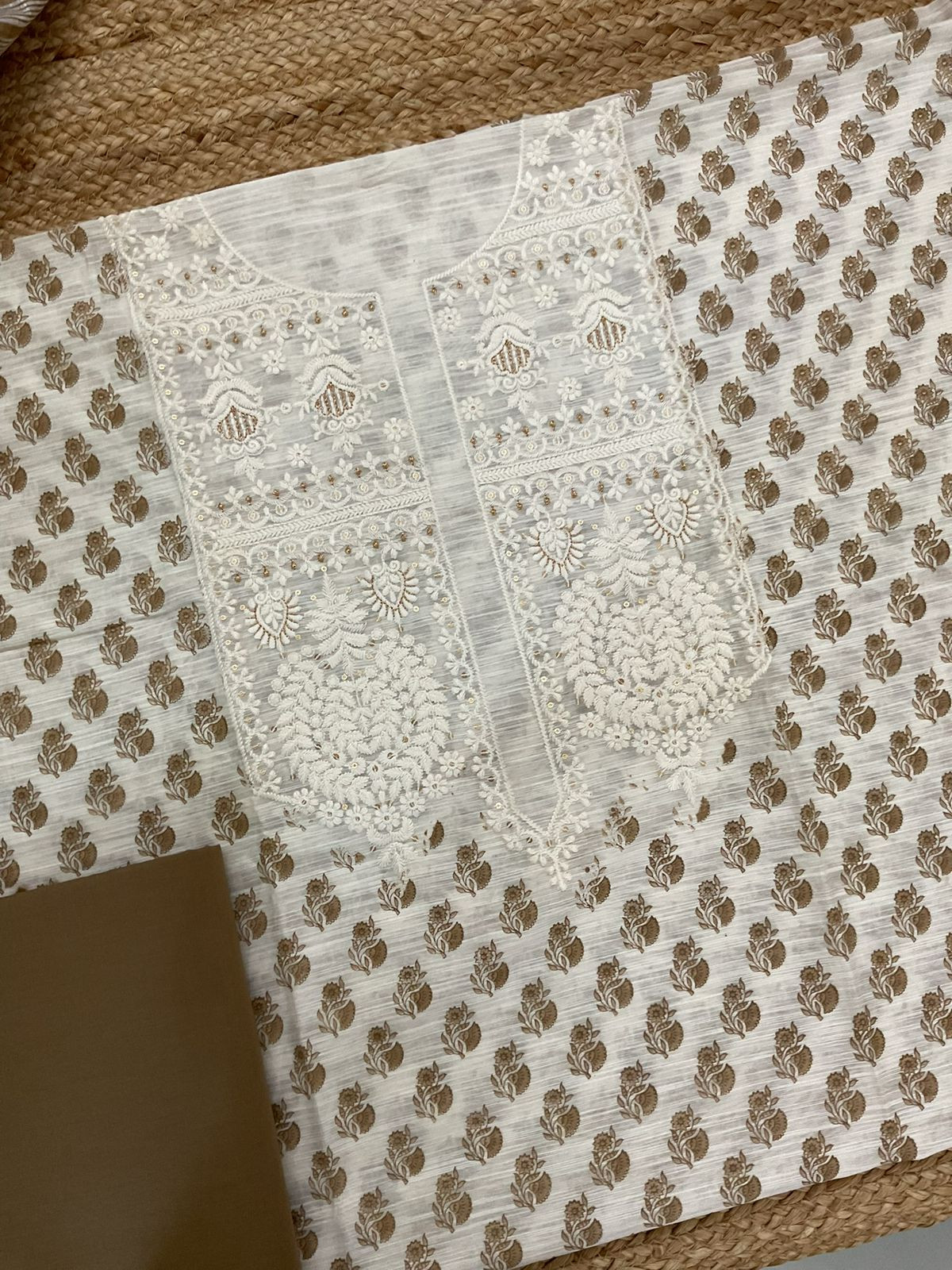 Soft Slub Chanderi Block Printed Embroidered Suit - Off White