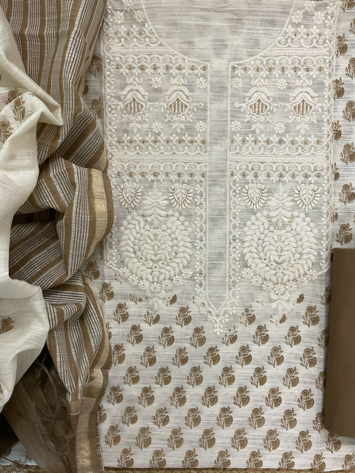 Soft Slub Chanderi Block Printed Embroidered Suit - Off White