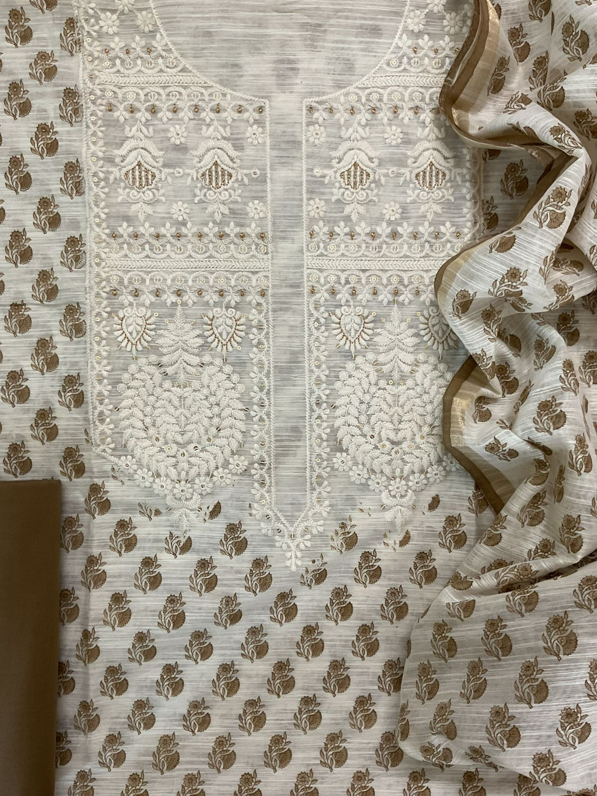 Soft Slub Chanderi Block Printed Embroidered Suit - Off White