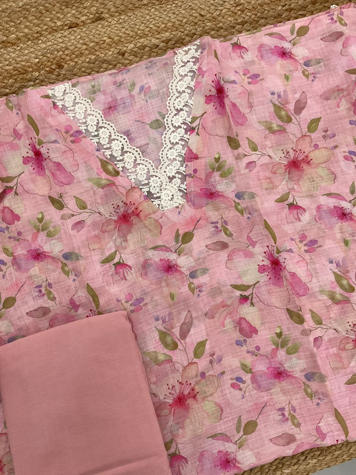 Soft Linen Jute Cotton Printed Embroidered Suit - Pink
