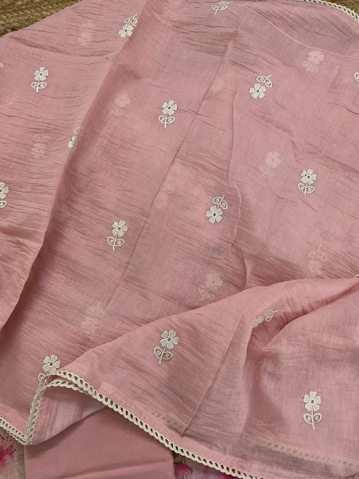Soft Linen Jute Cotton Printed Embroidered Suit - Pink