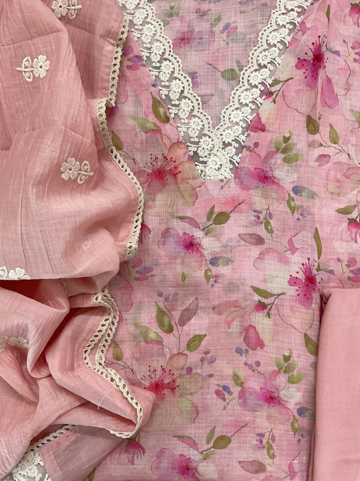 Soft Linen Jute Cotton Printed Embroidered Suit - Pink