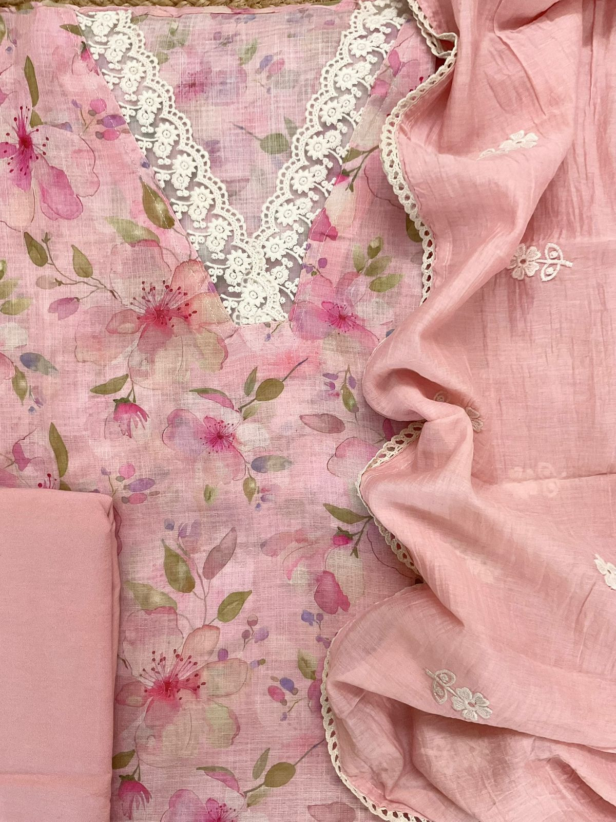 Soft Linen Jute Cotton Printed Embroidered Suit - Pink
