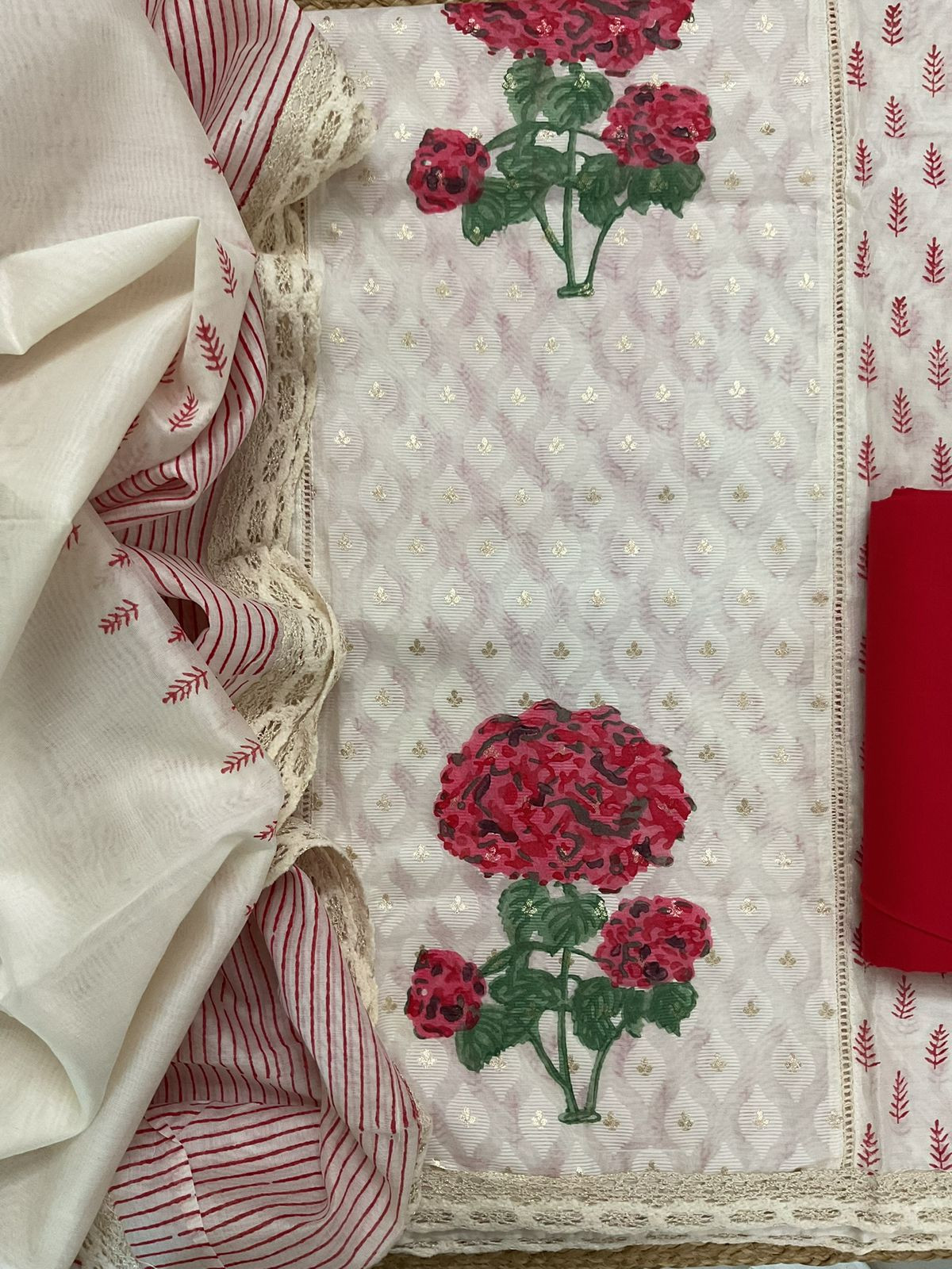 Pure Chanderi Printed Banarasi Weaved Embroidered Suit - Off White