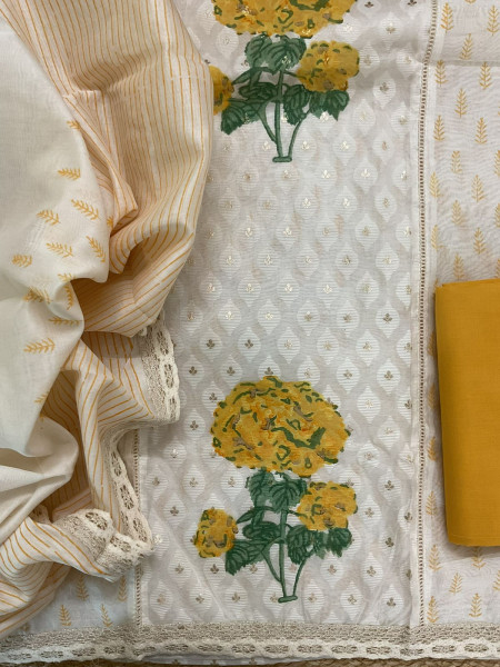 Image of Pure Chanderi Printed Banarasi Weaved Embroidered Suit - Off White