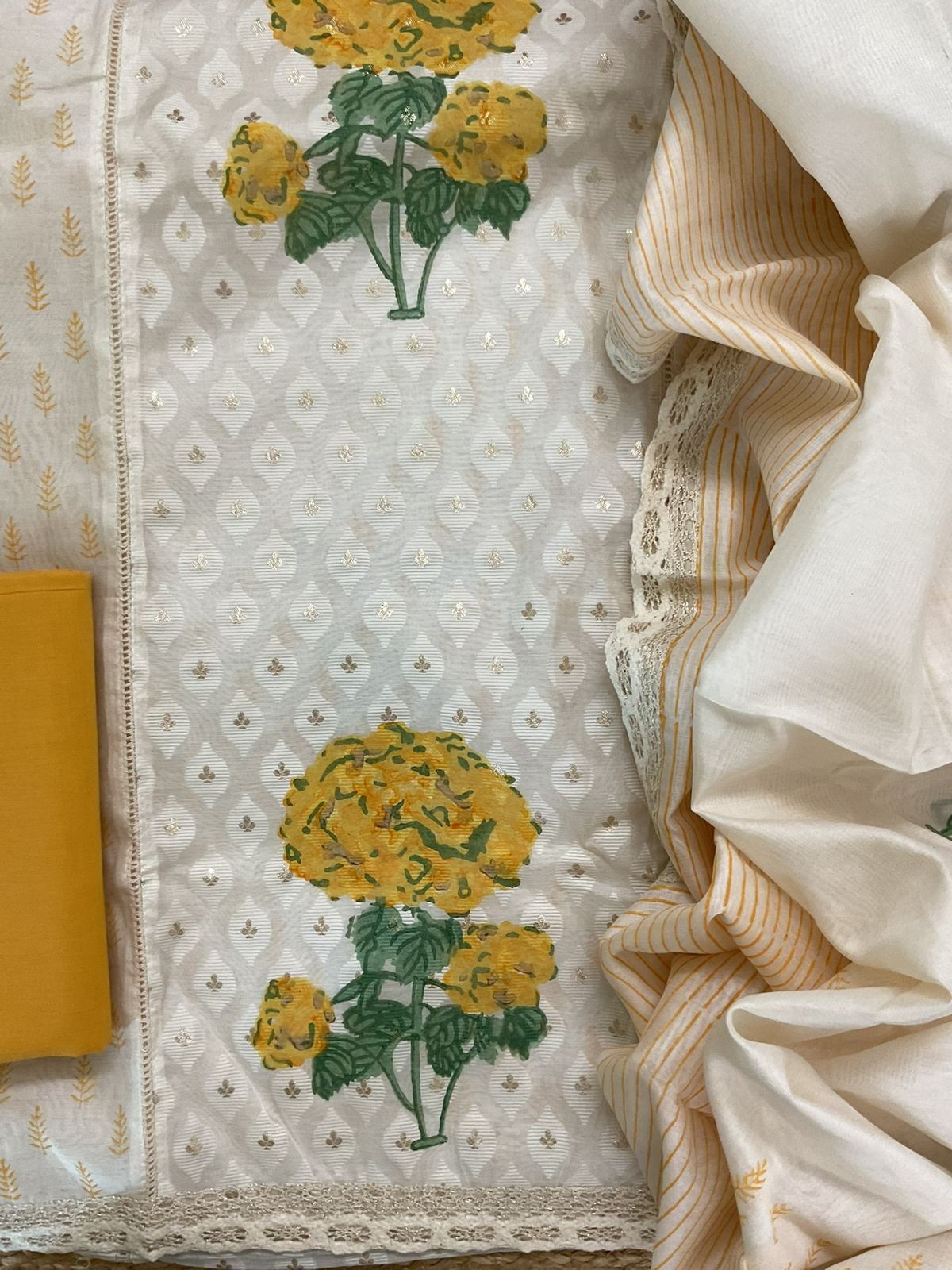 Pure Chanderi Printed Banarasi Weaved Embroidered Suit - Off White
