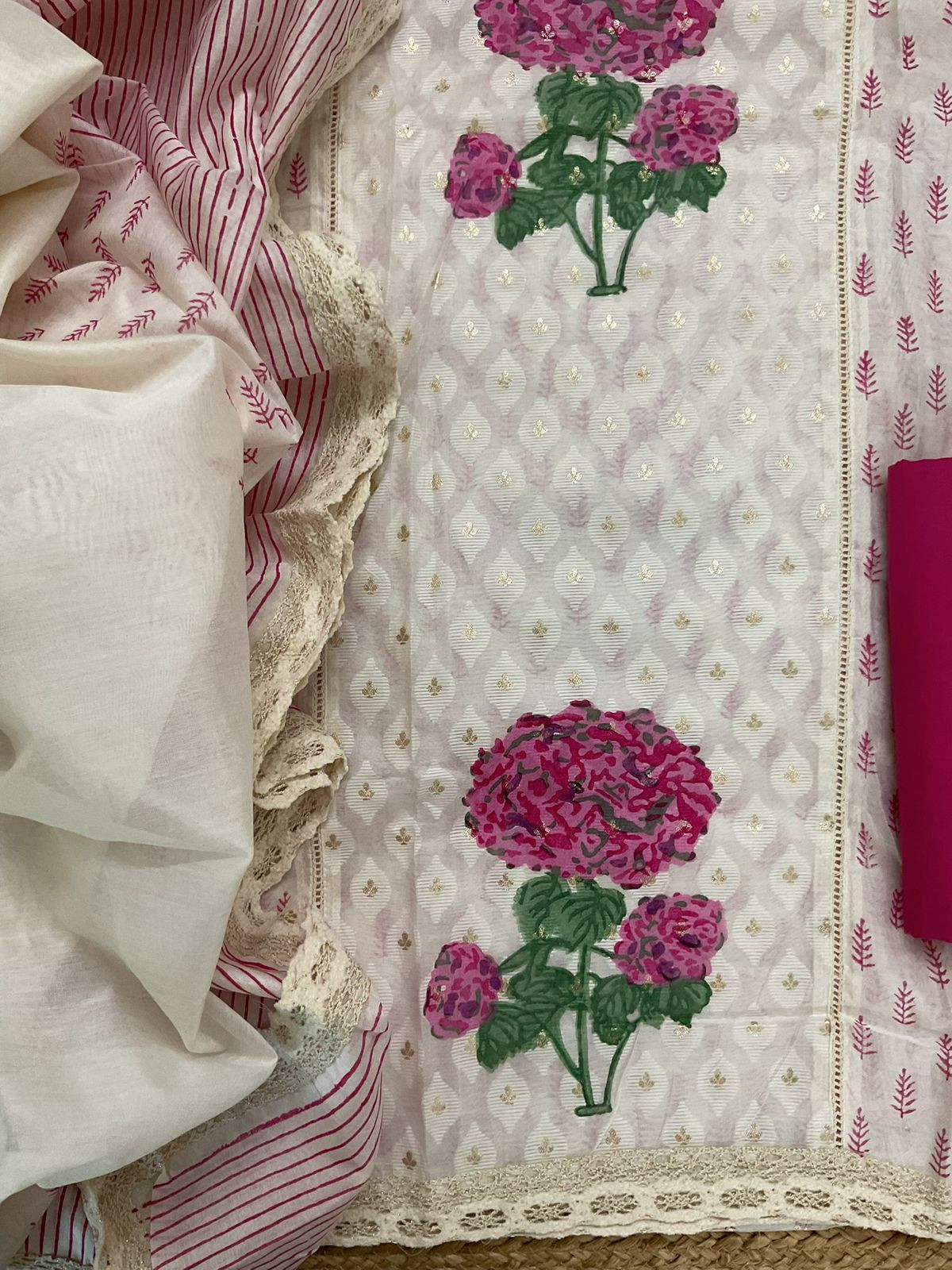 Pure Chanderi Printed Banarasi Weaved Embroidered Suit - Off White