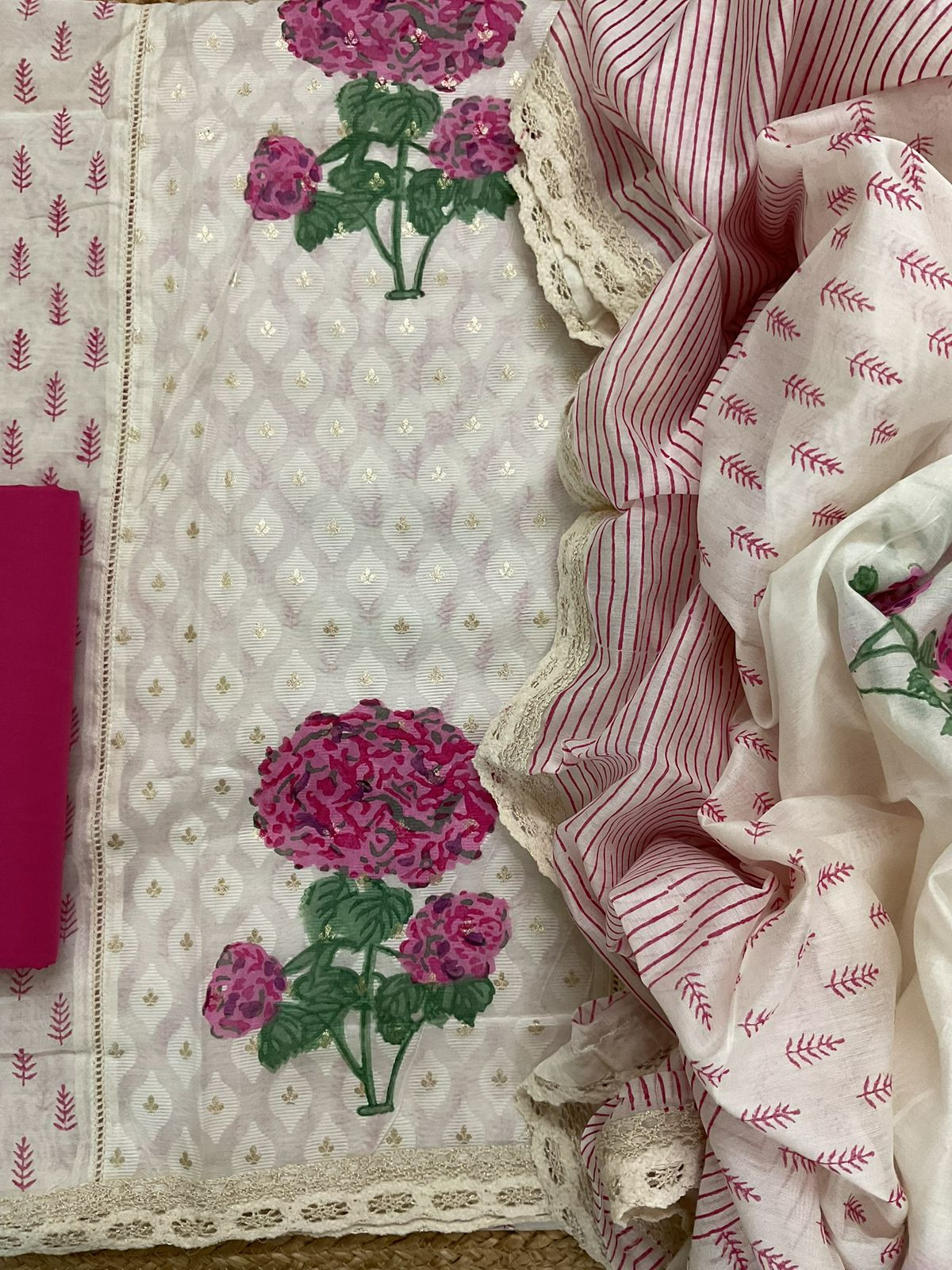 Pure Chanderi Printed Banarasi Weaved Embroidered Suit - Off White