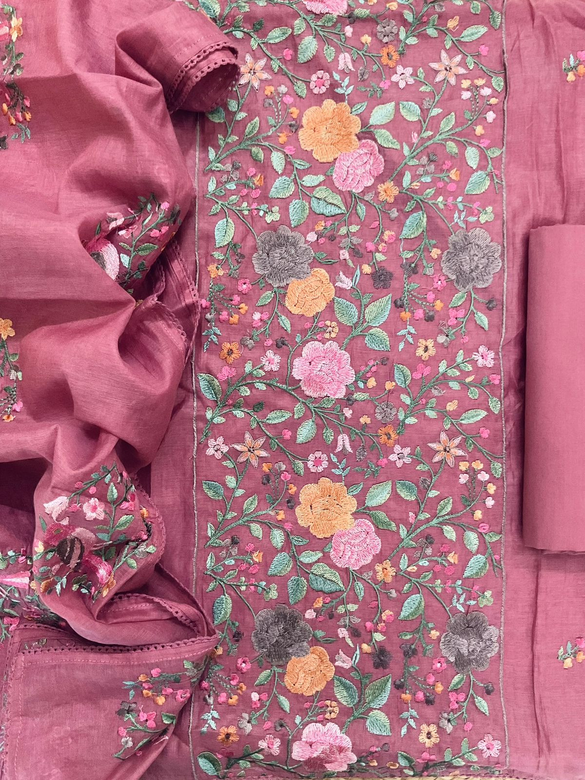 Pure Mul Chanderi Embroidered Suit - Pink