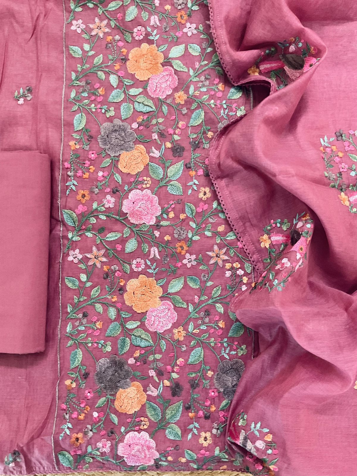 Pure Mul Chanderi Embroidered Suit - Pink