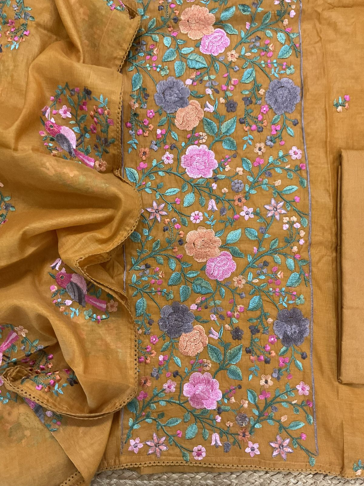 Pure Mul Chanderi Embroidered Suit - Yellow