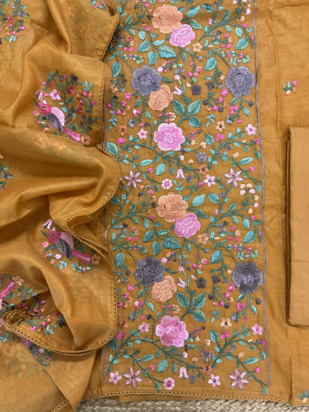Image of Pure Mul Chanderi Embroidered Suit - Yellow