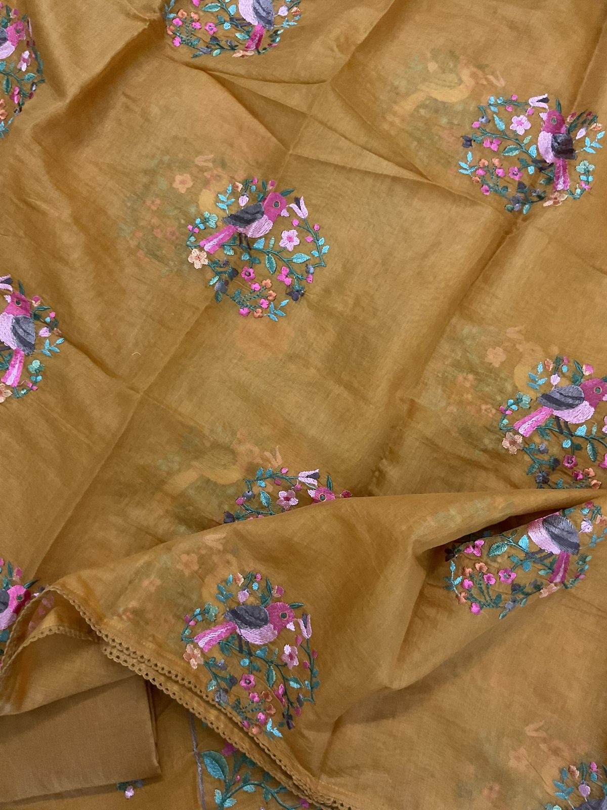 Pure Mul Chanderi Embroidered Suit - Yellow