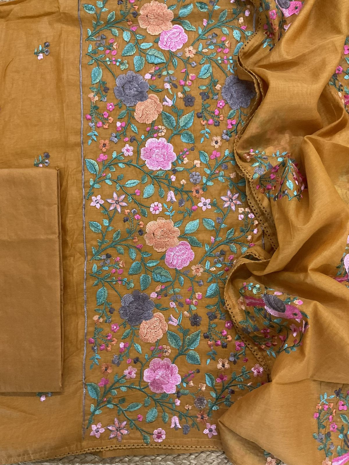 Pure Mul Chanderi Embroidered Suit - Yellow