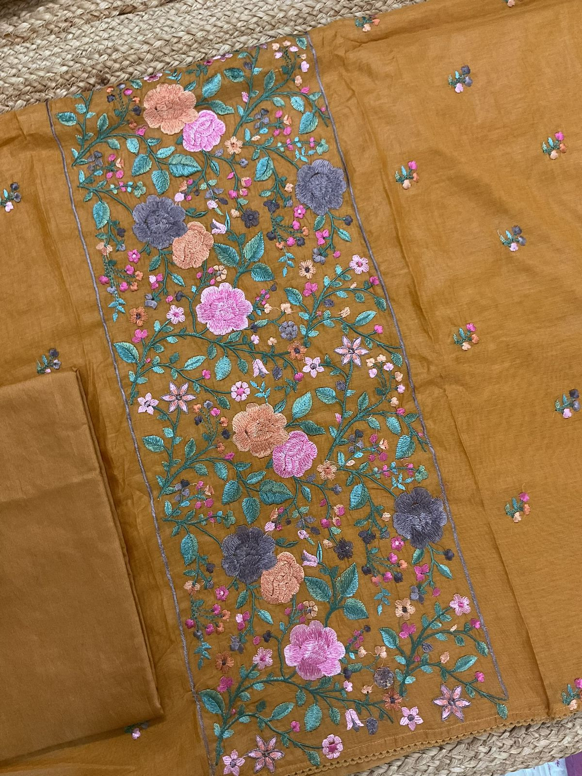 Pure Mul Chanderi Embroidered Suit - Yellow