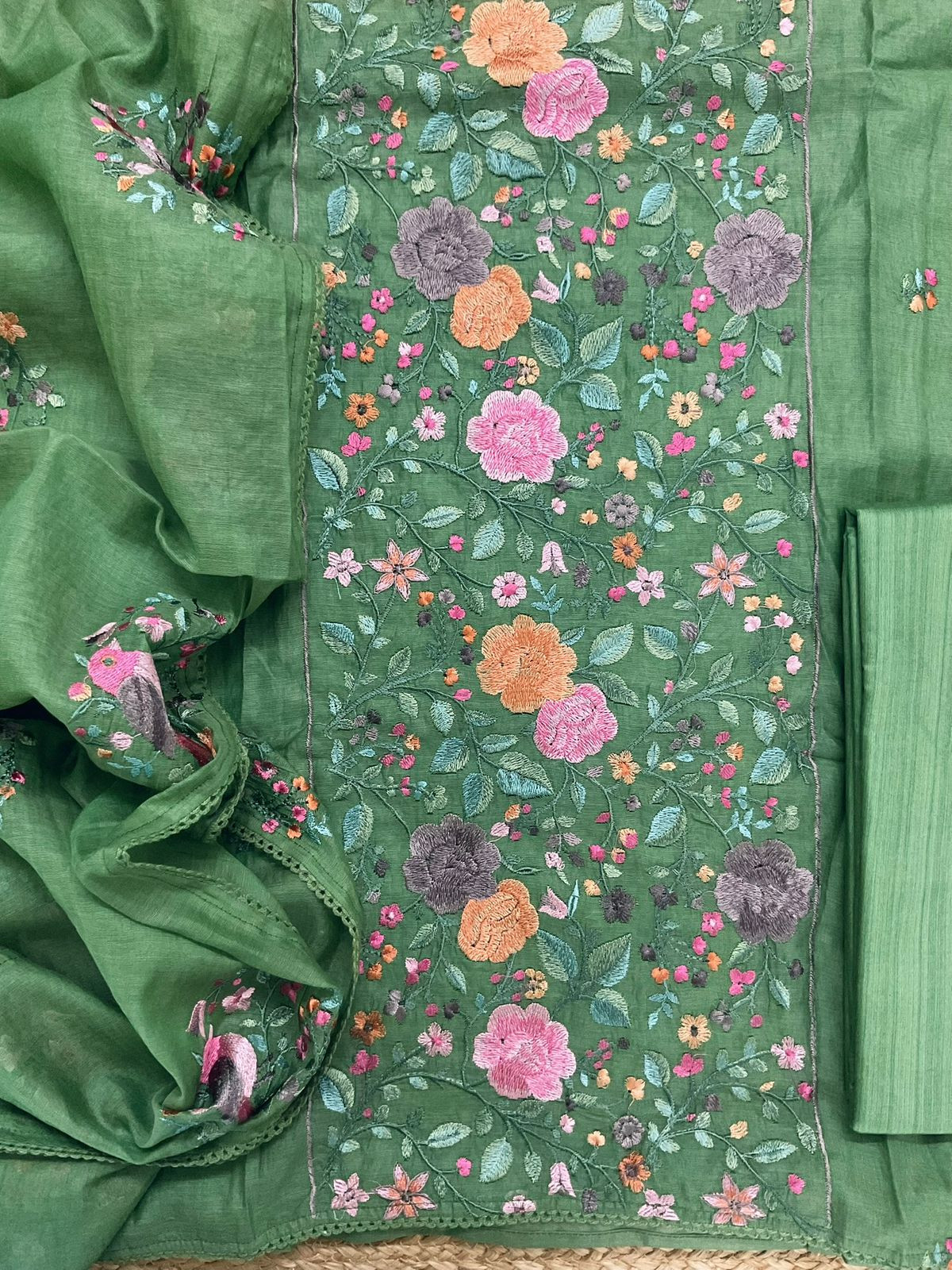 Pure Mul Chanderi Embroidered Suit - Green