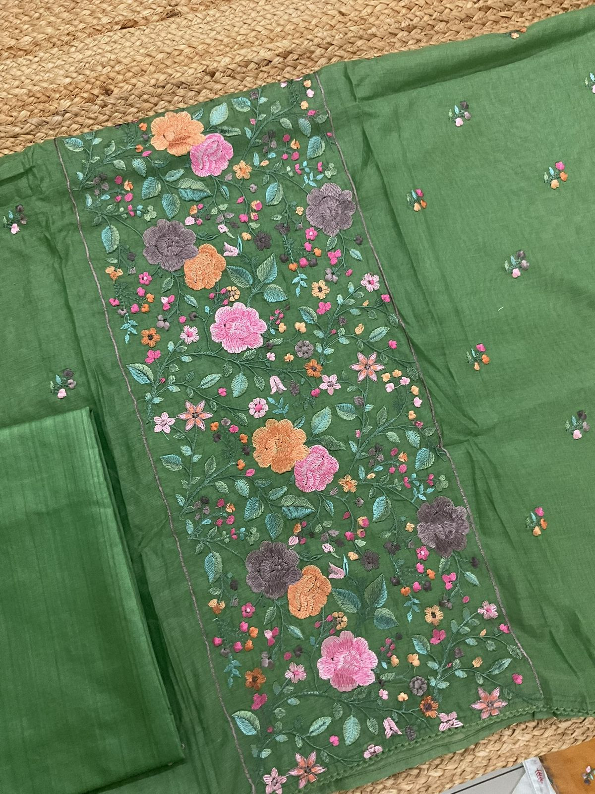 Pure Mul Chanderi Embroidered Suit - Green