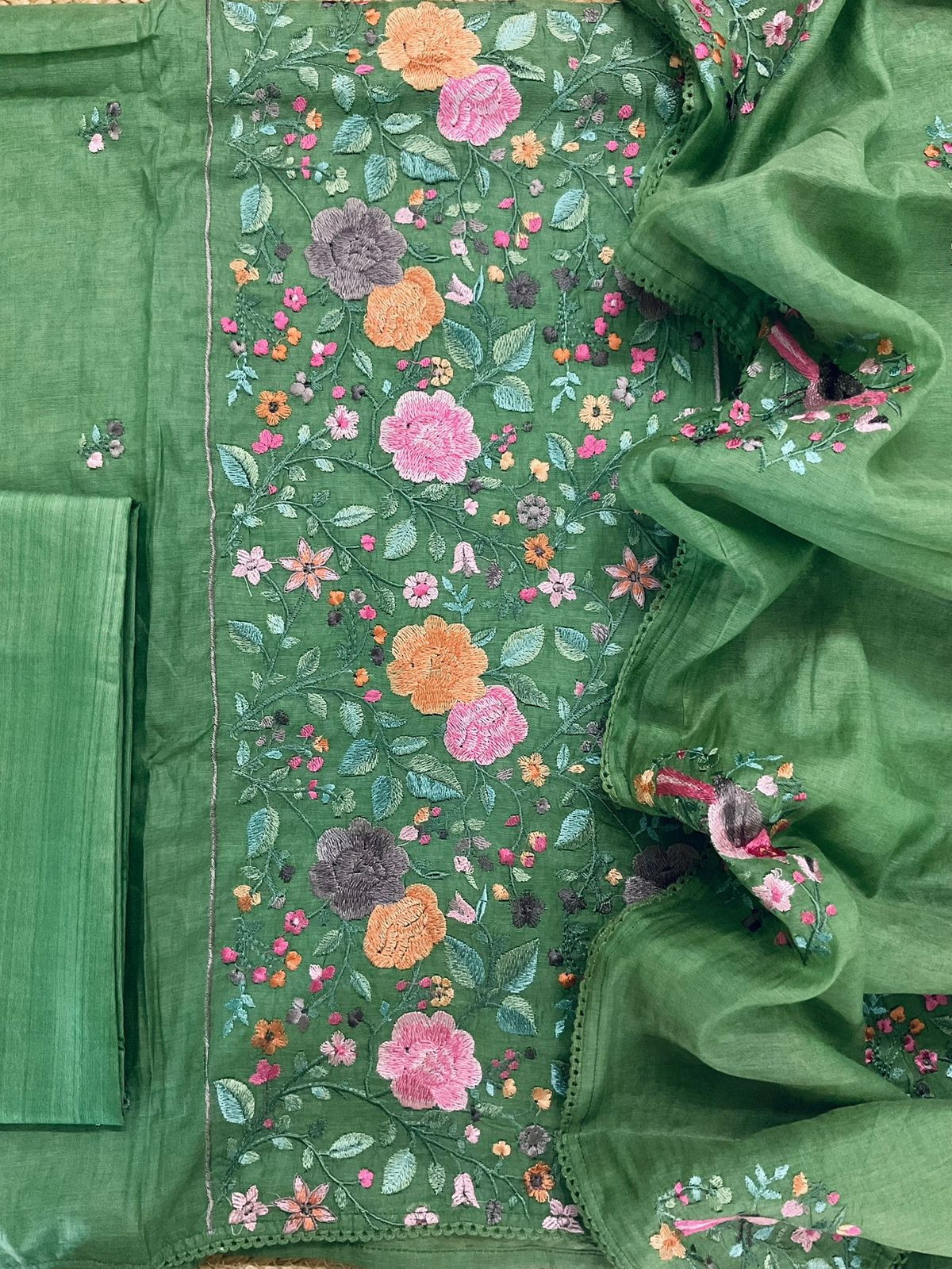 Pure Mul Chanderi Embroidered Suit - Green