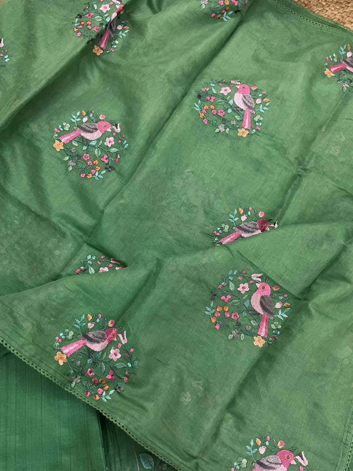 Pure Mul Chanderi Embroidered Suit - Green