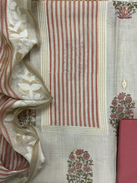 Image of Soft Kora Chanderi Printed Jamdani Weaved Suit - Beige