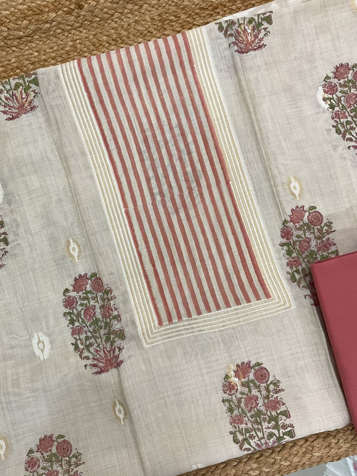 Soft Kora Chanderi Printed Jamdani Weaved Suit - Beige