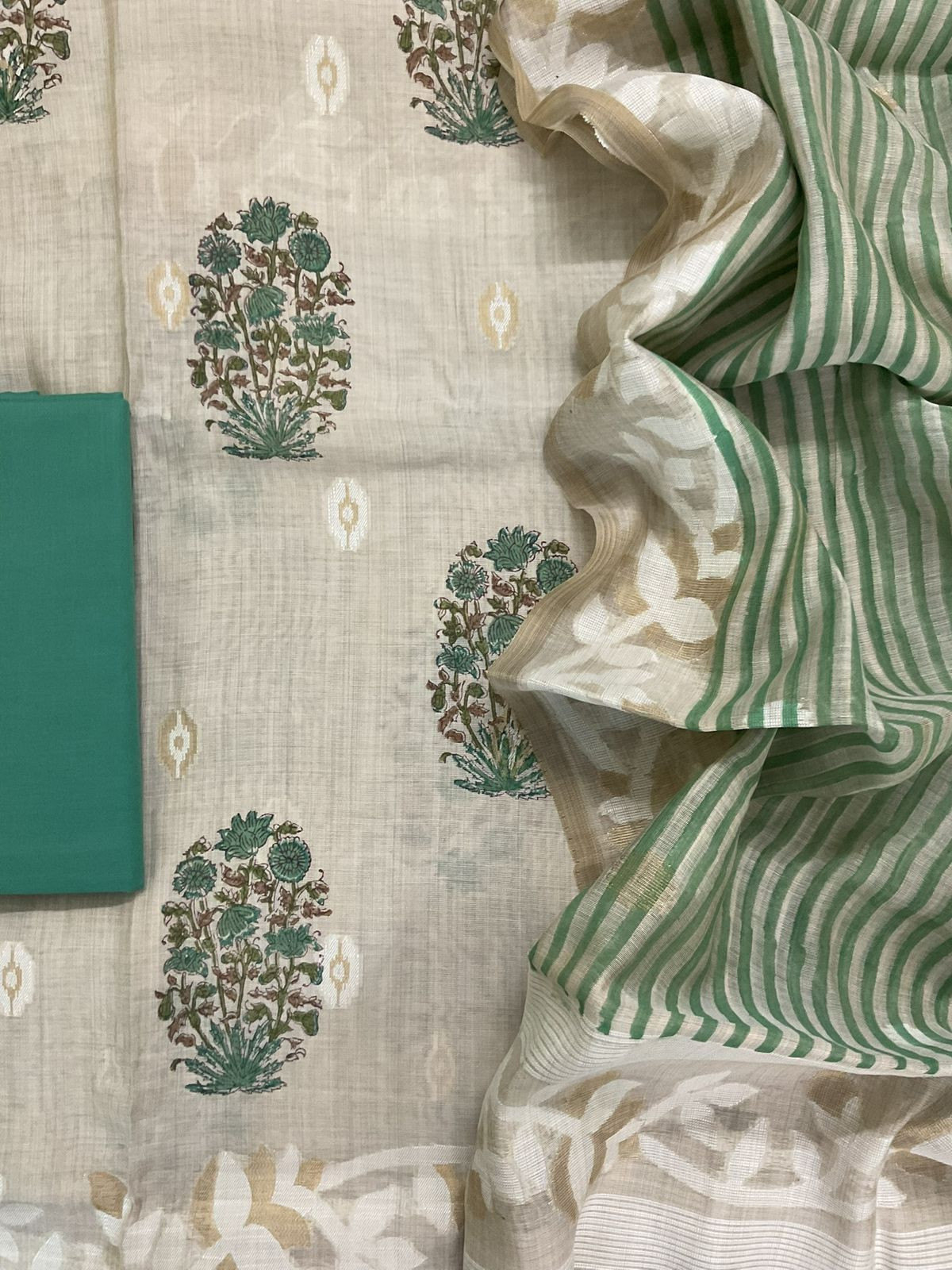 Soft Kora Chanderi Printed Jamdani Weaved Suit - Beige