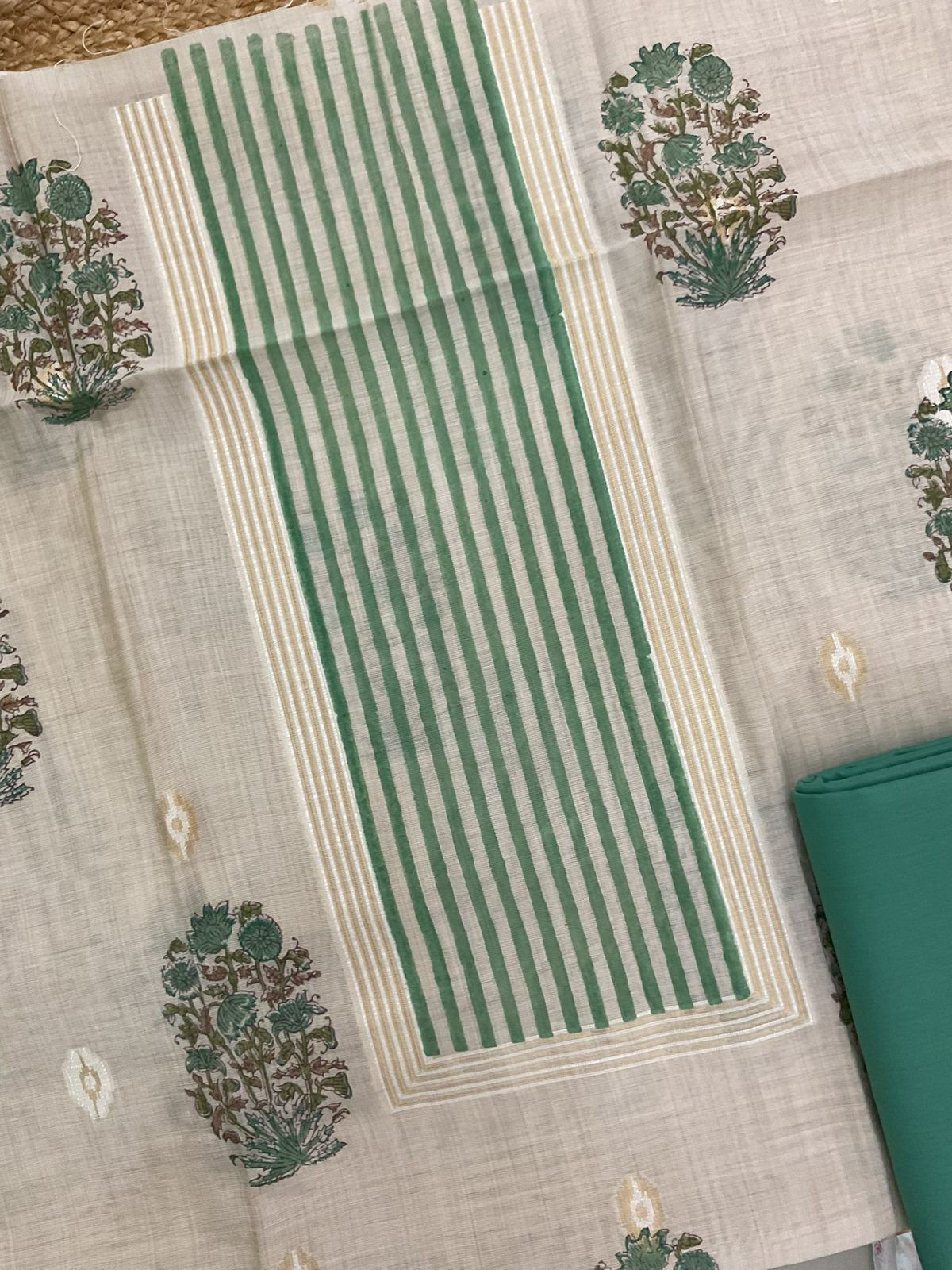 Soft Kora Chanderi Printed Jamdani Weaved Suit - Beige