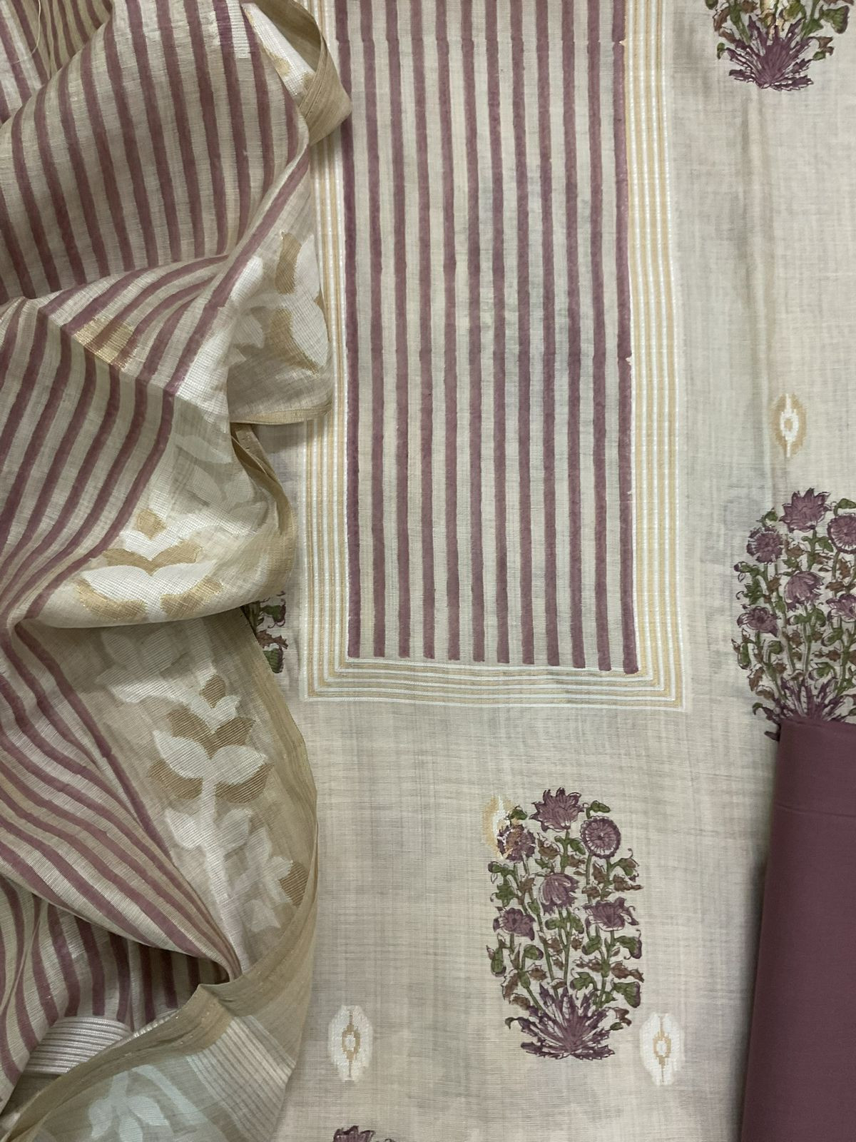 Soft Kora Chanderi Printed Jamdani Weaved Suit - Beige