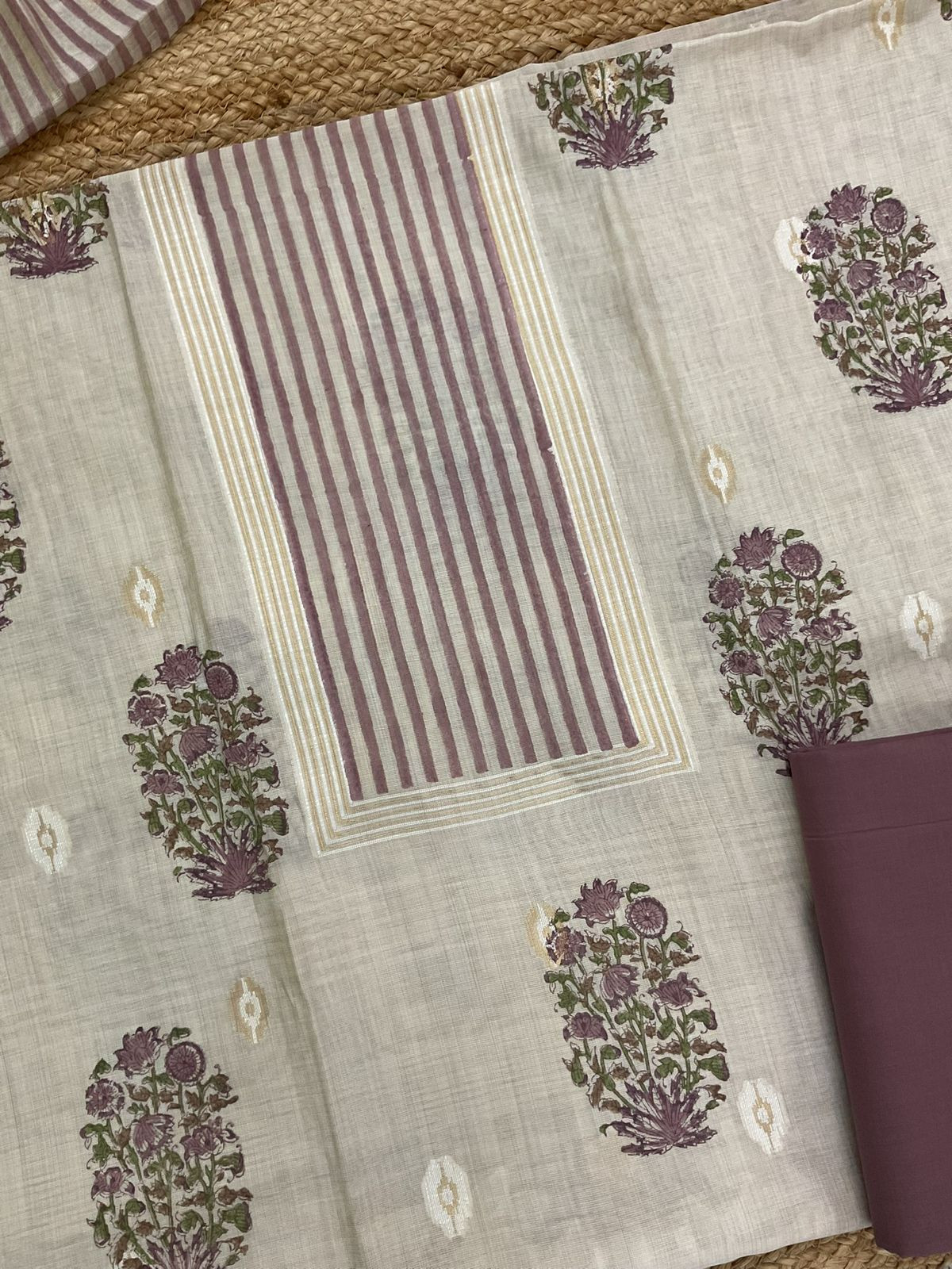 Soft Kora Chanderi Printed Jamdani Weaved Suit - Beige