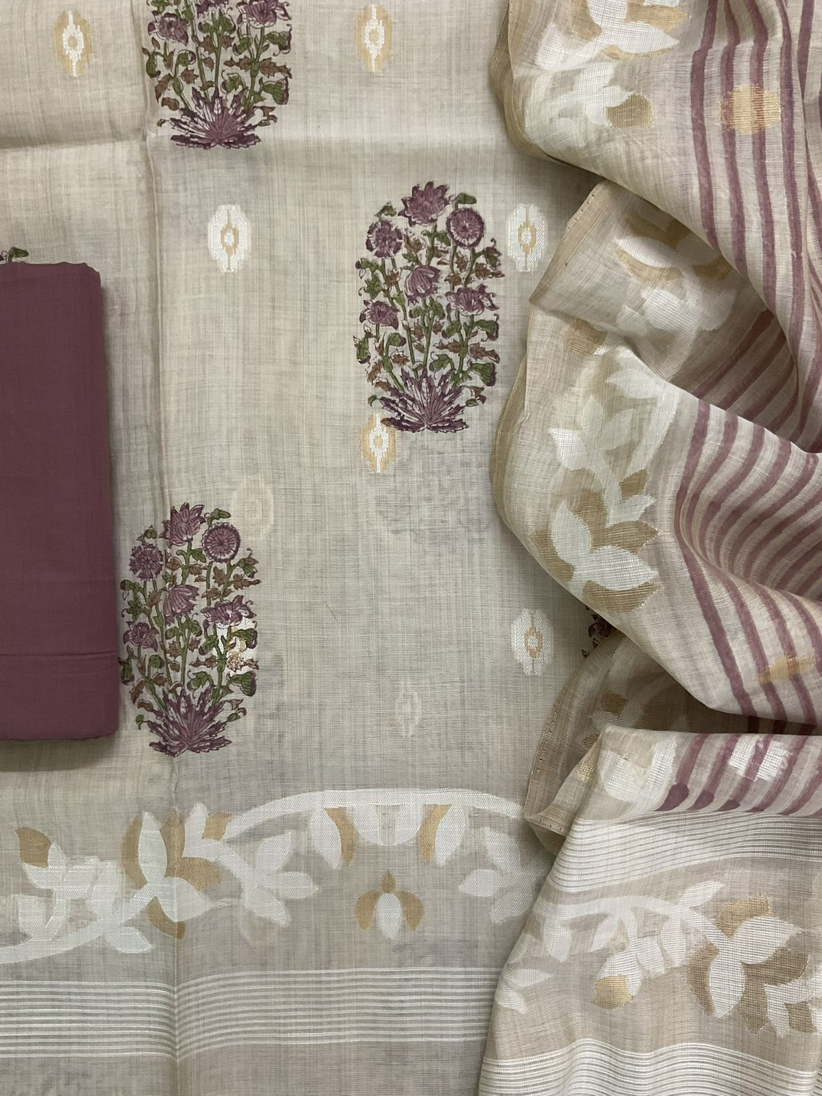 Soft Kora Chanderi Printed Jamdani Weaved Suit - Beige