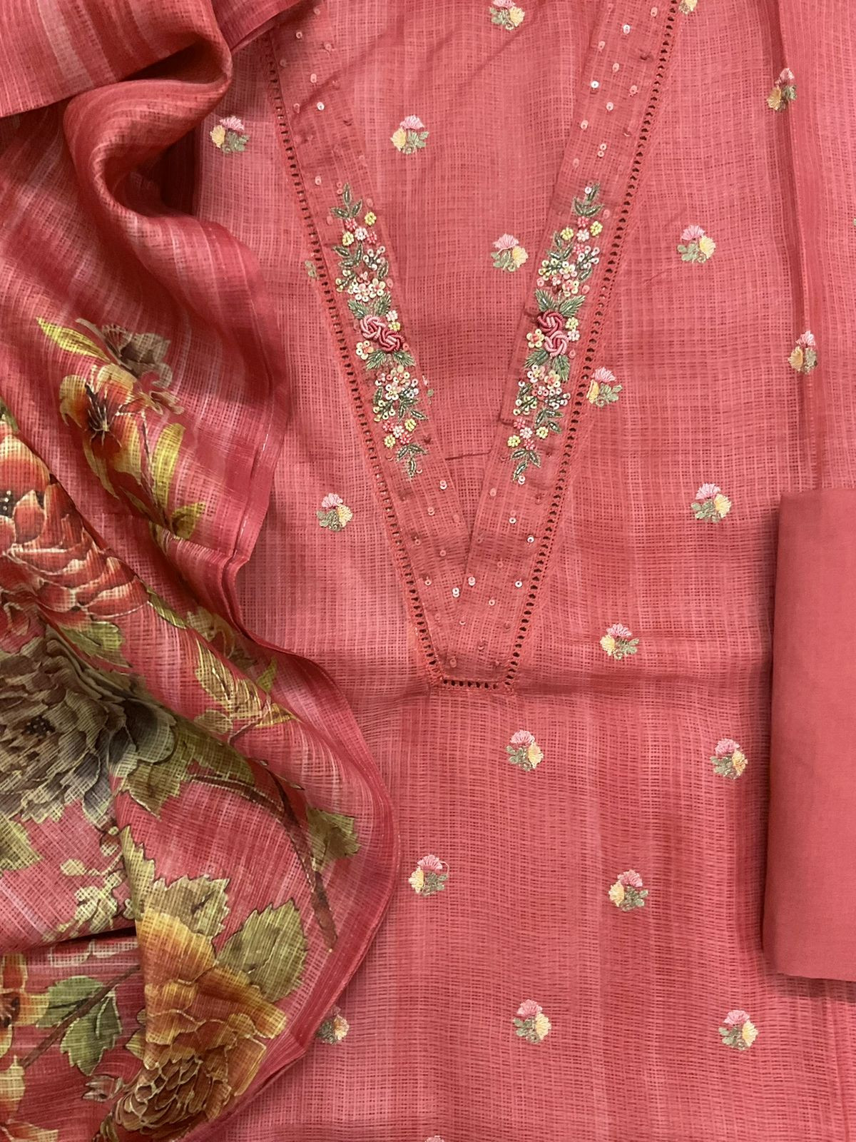 Soft Kota Silk Printed Embroidered Suit - Rustic Peach