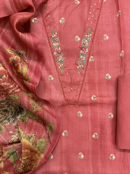 Image of Soft Kota Silk Printed Embroidered Suit - Rustic Peach