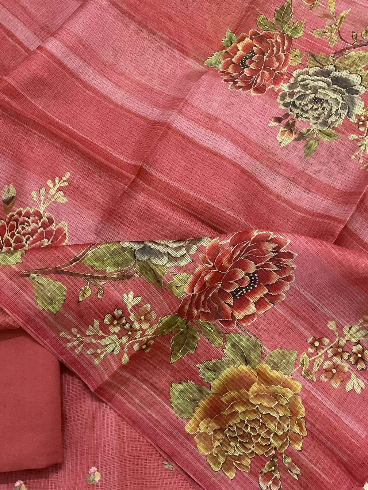Soft Kota Silk Printed Embroidered Suit - Rustic Peach