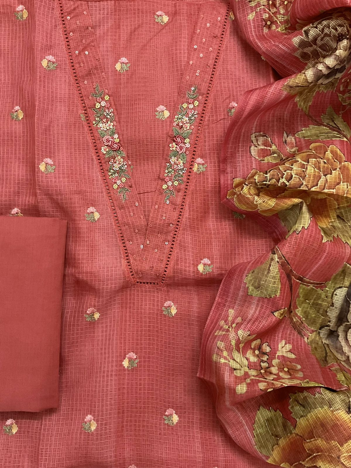 Soft Kota Silk Printed Embroidered Suit - Rustic Peach