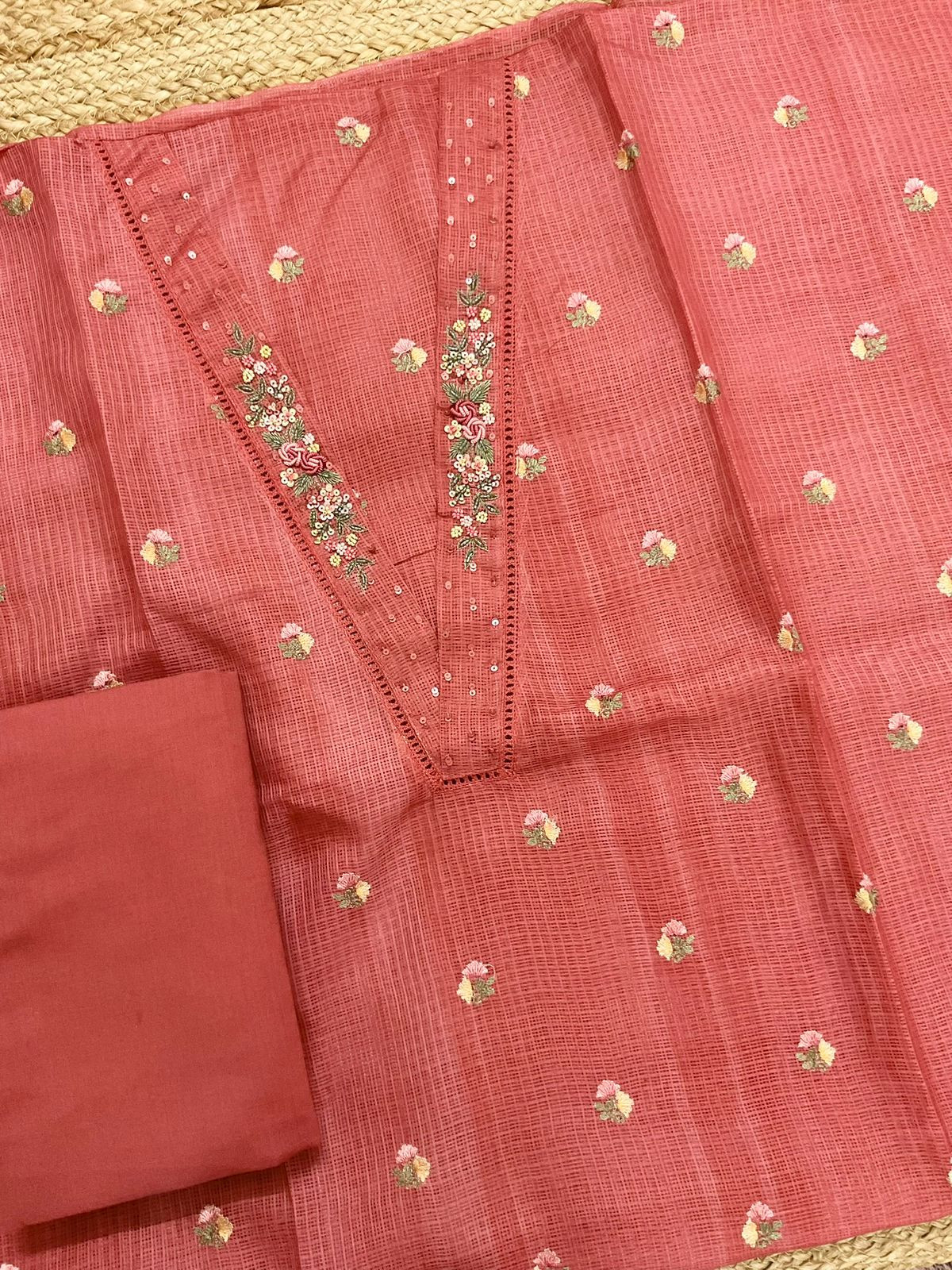 Soft Kota Silk Printed Embroidered Suit - Rustic Peach