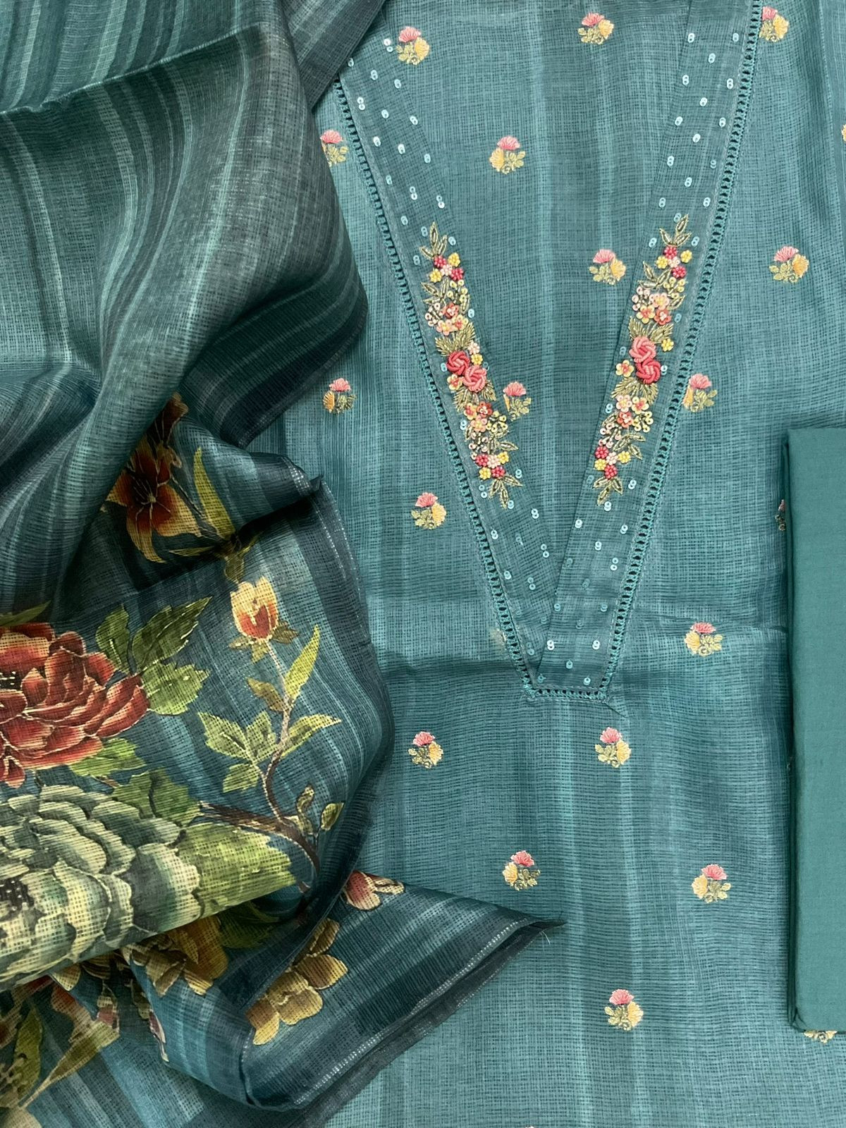 Soft Kota Silk Printed Embroidered Suit - Peacock Blue
