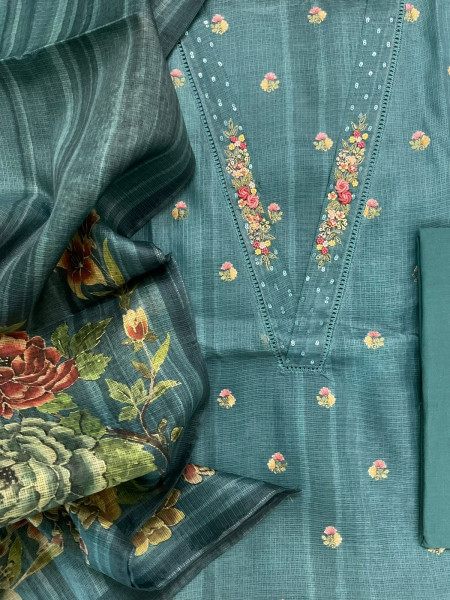 Image of Soft Kota Silk Printed Embroidered Suit - Peacock Blue