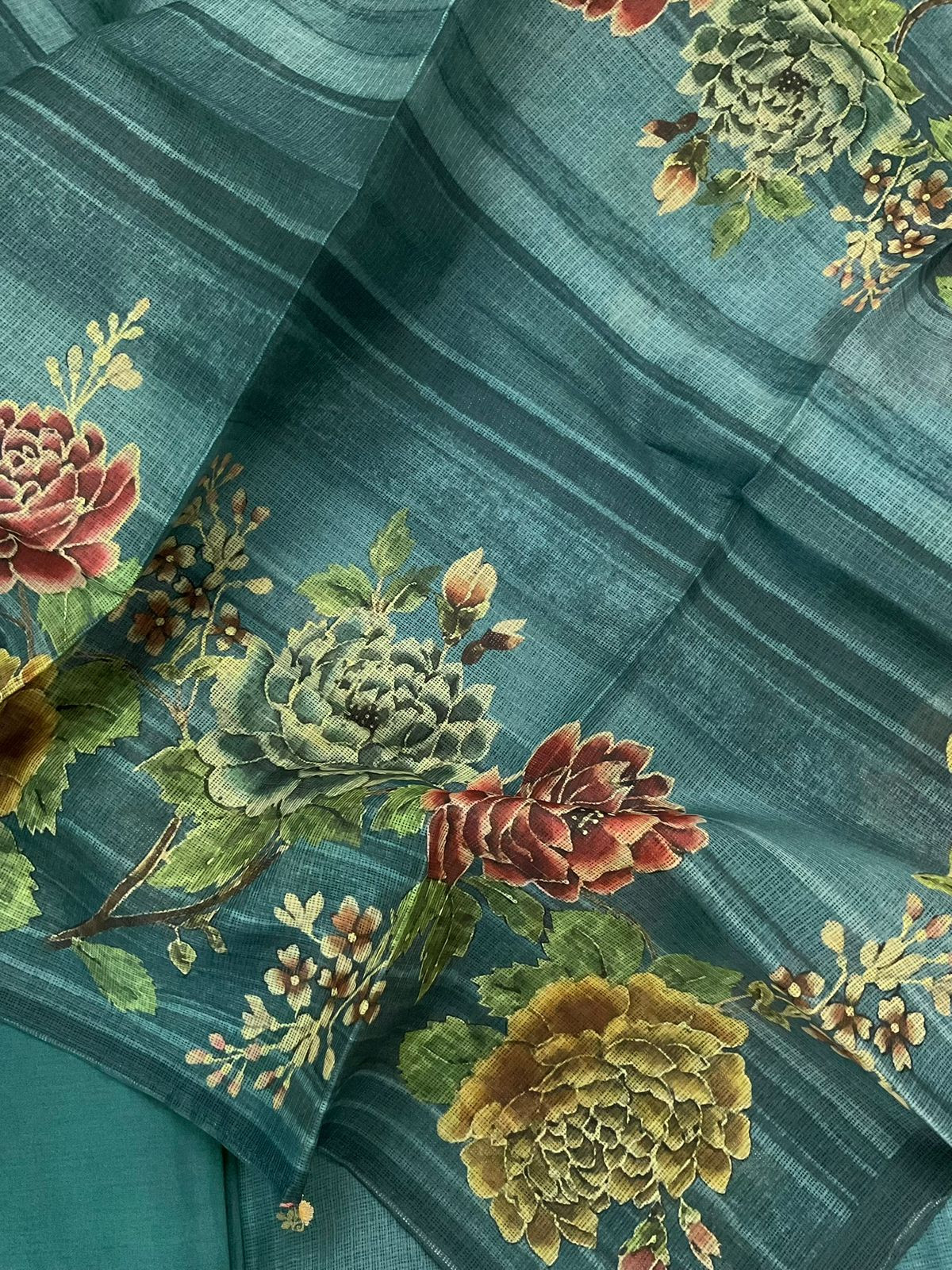 Soft Kota Silk Printed Embroidered Suit - Peacock Blue