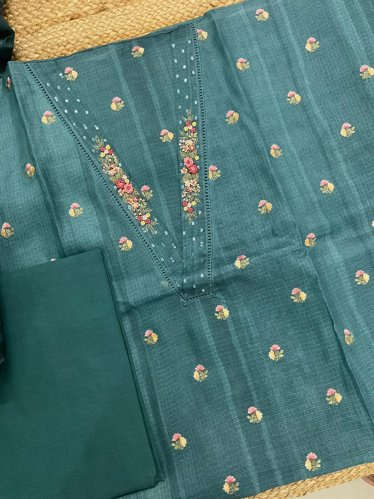 Soft Kota Silk Printed Embroidered Suit - Peacock Blue