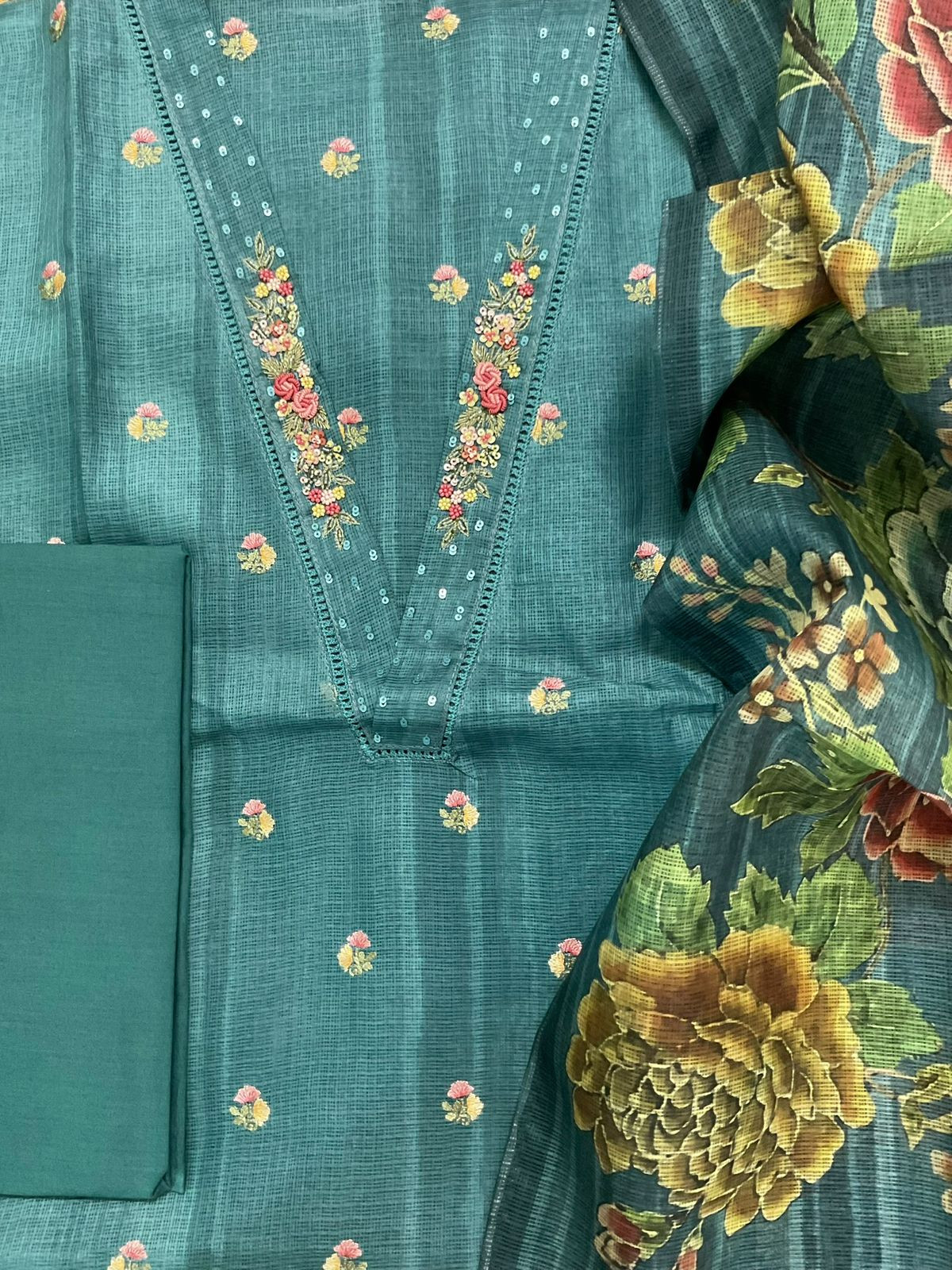 Soft Kota Silk Printed Embroidered Suit - Peacock Blue