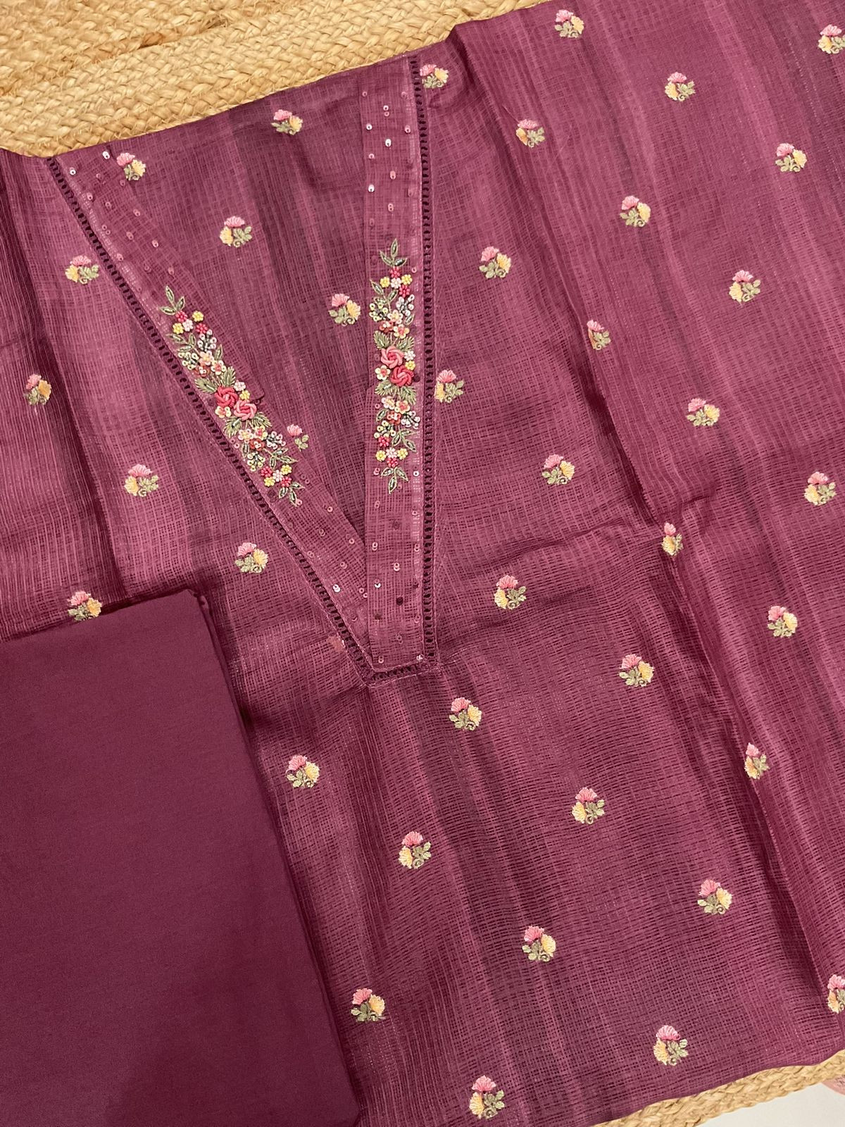 Soft Kota Silk Printed Embroidered Suit - Wine