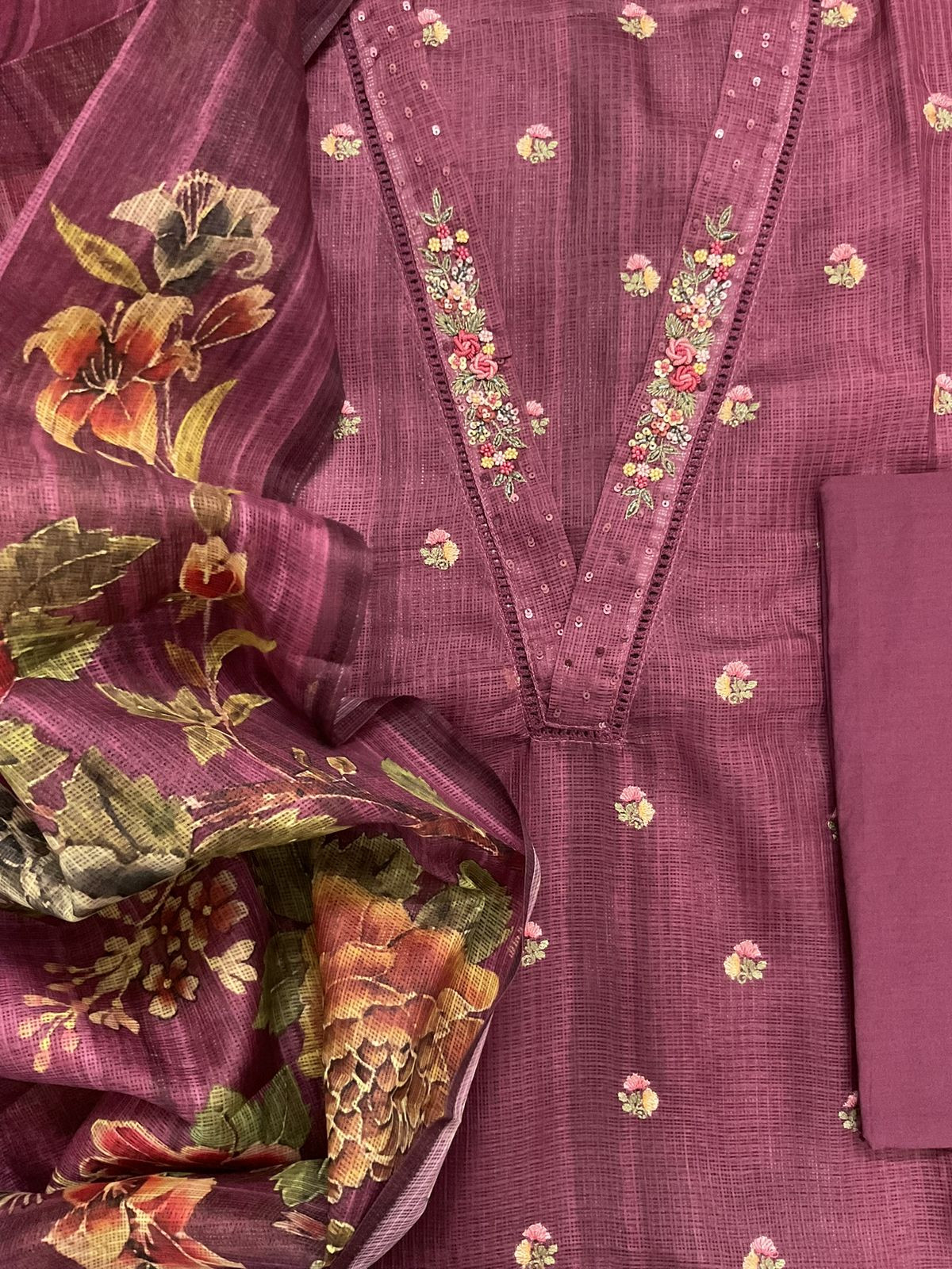 Soft Kota Silk Printed Embroidered Suit - Wine