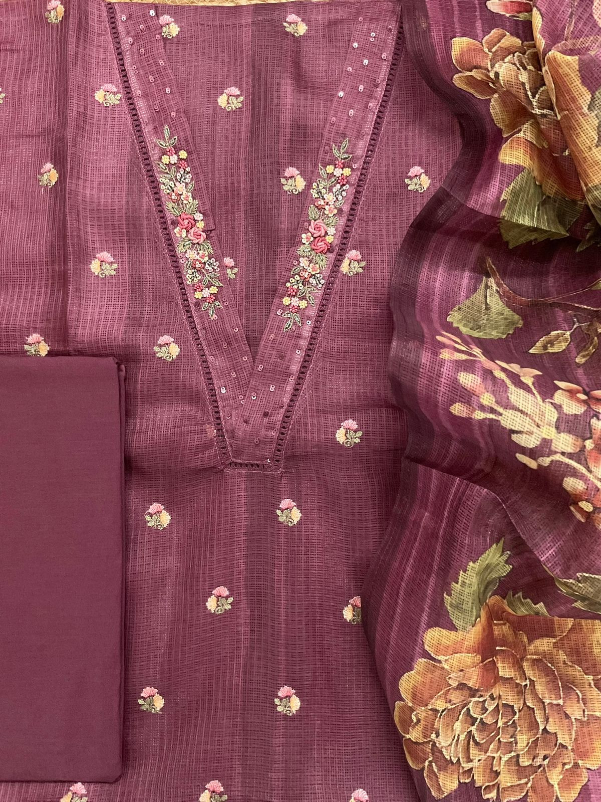 Soft Kota Silk Printed Embroidered Suit - Wine