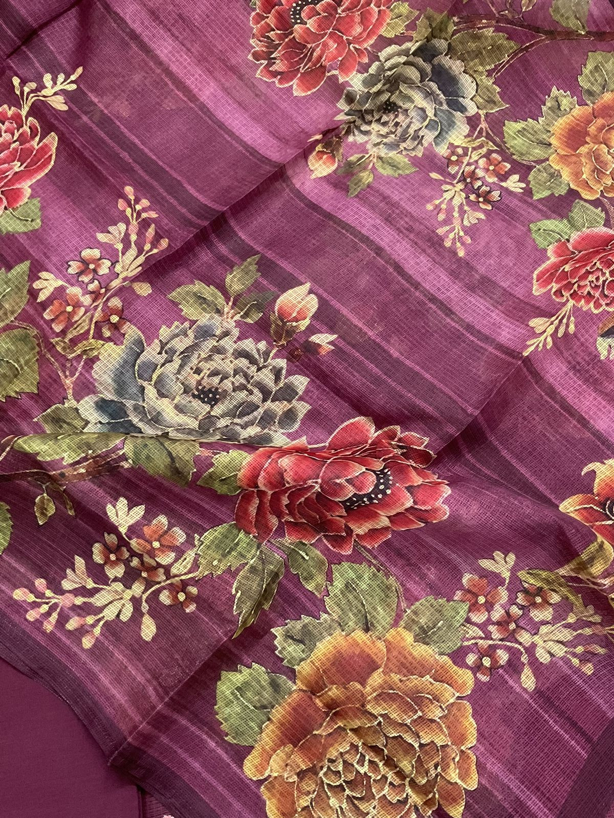 Soft Kota Silk Printed Embroidered Suit - Wine