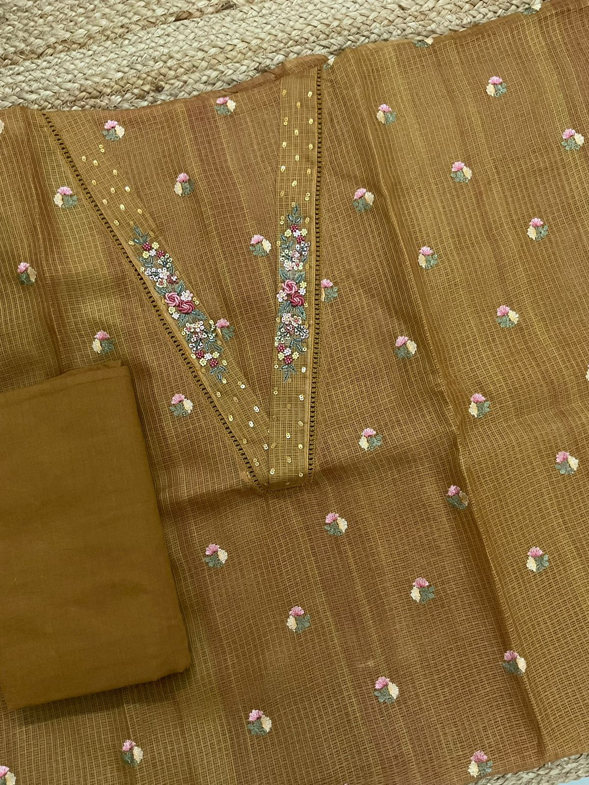 Soft Kota Silk Printed Embroidered Suit - Mustard