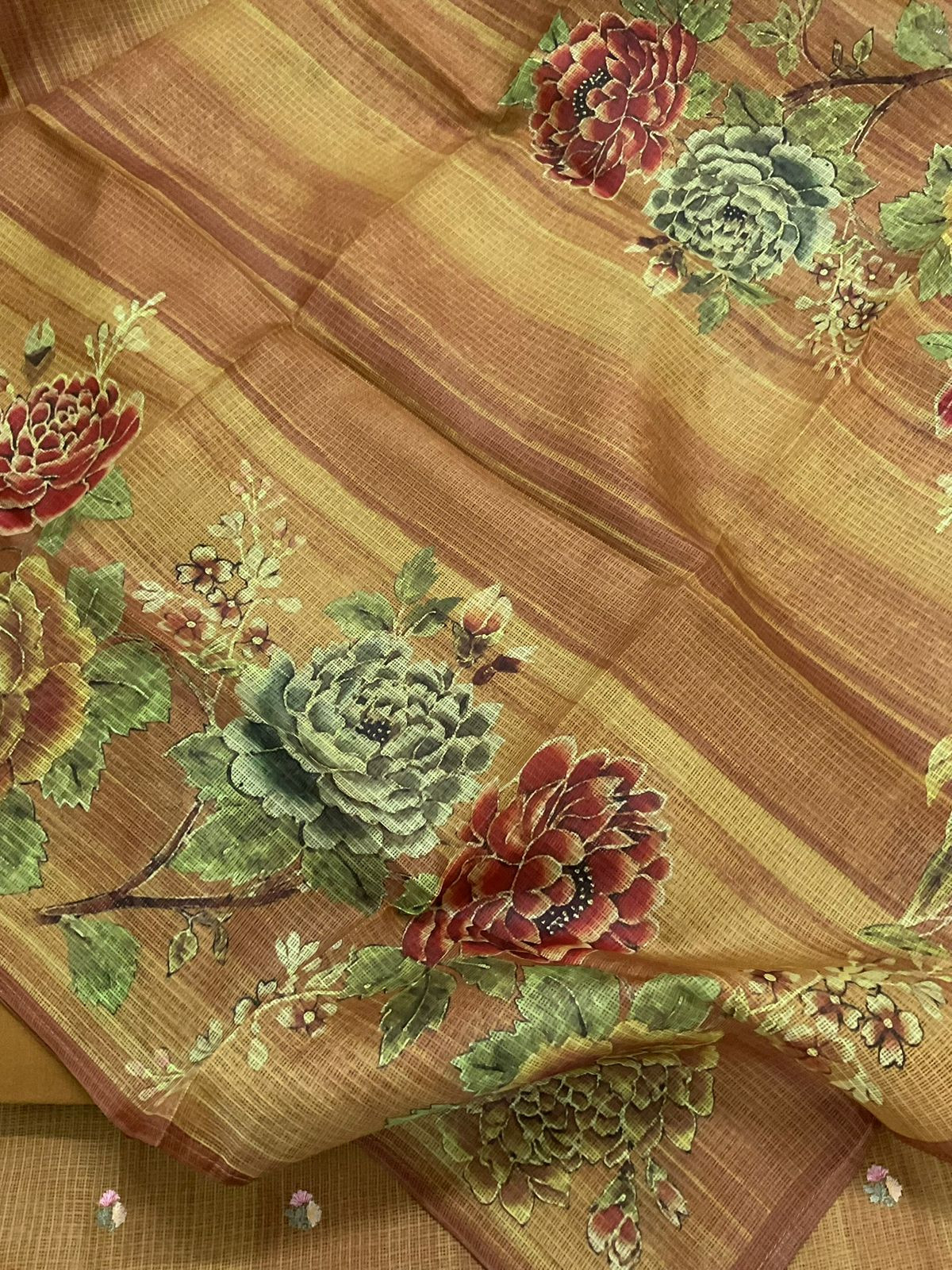 Soft Kota Silk Printed Embroidered Suit - Mustard