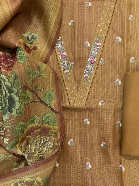 Image of Soft Kota Silk Printed Embroidered Suit - Mustard